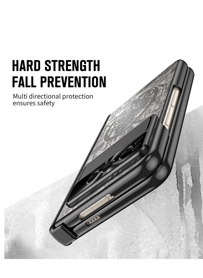 Y&D - Case for Google Pixel Fold Stylish Mechanical Gear Pattern Clear Plating PC All-Inclusive with Magnetic Hinge Protection Slide Kickstand and Front Screen Protector Black - Image 1