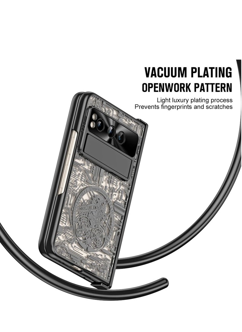 Y&D - Case for Google Pixel Fold Stylish Mechanical Gear Pattern Clear Plating PC All-Inclusive with Magnetic Hinge Protection Slide Kickstand and Front Screen Protector Black - Image 1