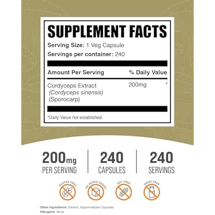 BulkSupplements.com Cordyceps Mushroom Capsules - Cordyceps Extract, Cordyceps Sinensis - Gluten Free, 1 Capsule per Serving (200mg), 240 Veg Capsules (Pack of 1) - Image 2