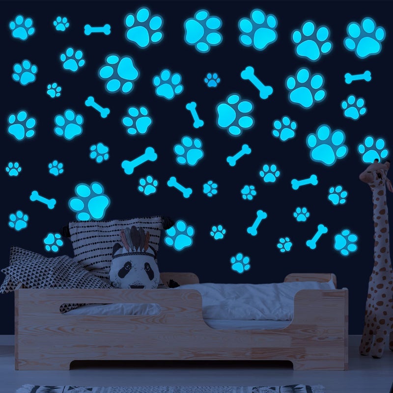 Dog Paw Print Stickers Glow in The Dark Wall Decals Pup Dog Room Decor Stickers Vinyl Dog Paw Bone Wall Decals Removable Animal Footprint Decal for Kids Boys Girls Bedroom Nursery Blue