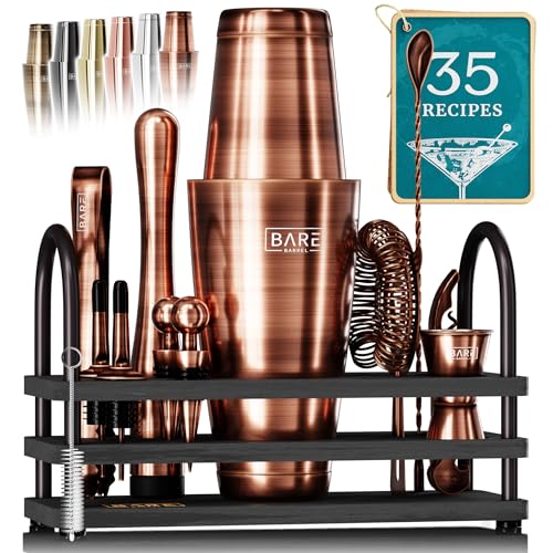 BARE BARREL Mixology Bartender Kit Bar Set 14Piece Cocktail Shaker Set Martini Barware Mixing Tools for Home Bartending 35 Recipe Cards Gift Set 28oz Boston Shaker CopperBlack - Image 1