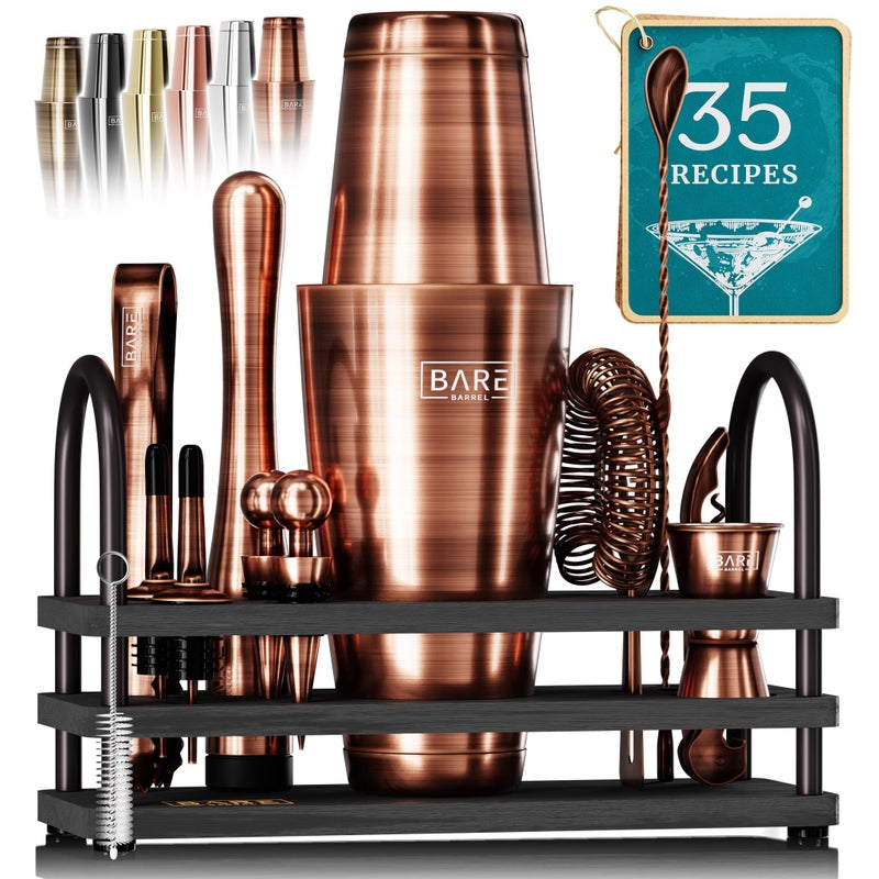 BARE BARREL Mixology Bartender Kit Bar Set 14Piece Cocktail Shaker Set Martini Barware Mixing Tools for Home Bartending 35 Recipe Cards Gift Set 28oz Boston Shaker CopperBlack - Image 2