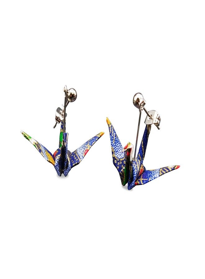 noren Japanese Origami Crane Stud Earrings (Orizuru - Washi/Blue) / Brass Titanium Nickel Free Low Irritation Hypoallergenic/for Women Unisex - Image 1