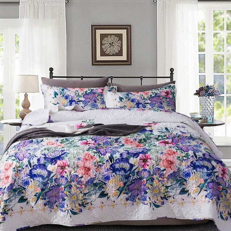 Travan Queen Quilt Set 3Piece Bedspread Quilted Oversized Lightweight Microfiber Coverlet Set with Shams Violet Purple Floral Pattern Quilted Bedding Set for All Season Queen