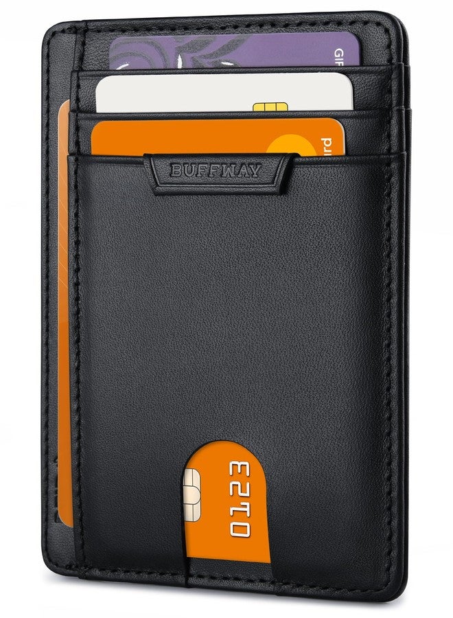 Buffway Slim Wallet for Men Women Minimalist Small Leather Front Pocket Wallets with RFID Blocking and Gifts Box - Bassa Black - Image 1