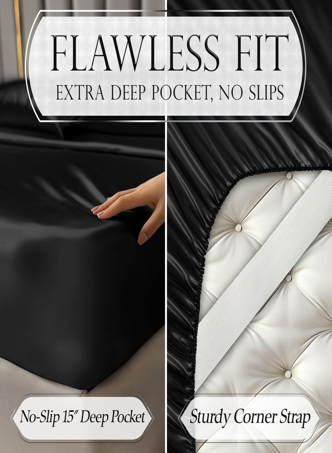 DECOLURE Satin Bed Sheets - 6 Piece Luxury Silky King Size Bedding Set - Softer Than Silk, Wrinkle-Free with 15” Deep Pocket Fitted Sheet, Perfect for Hair & Skin, Gifts for Women (Black) - Image 5