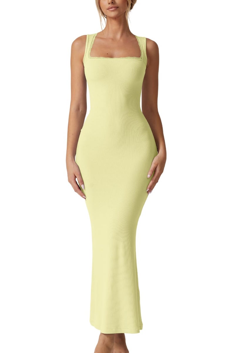QINSEN Women's Square Neck with Lace Detail Long Maxi Dress Sleeveless Lounge Ribbed Full Length Bodycon Dresses Lemon Yellow S - Image 1