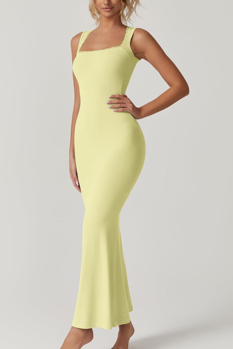 QINSEN Women's Square Neck with Lace Detail Long Maxi Dress Sleeveless Lounge Ribbed Full Length Bodycon Dresses Lemon Yellow S - Image 3