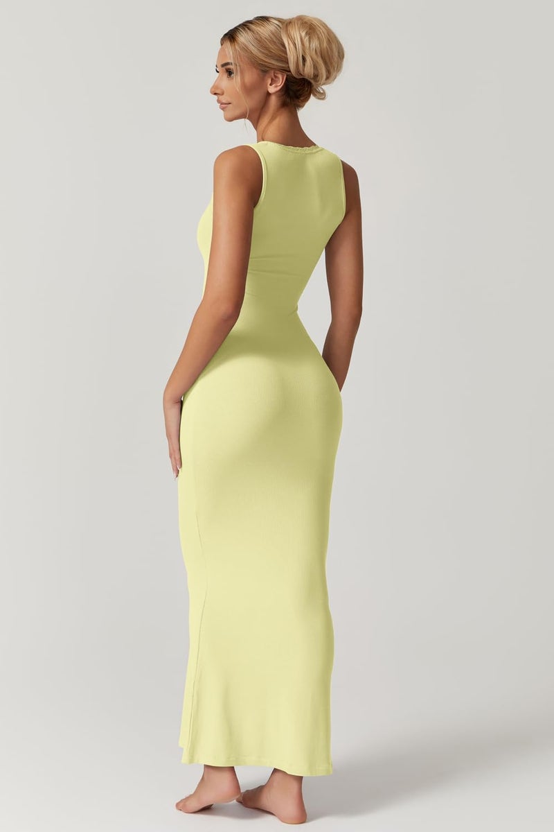 QINSEN Women's Square Neck with Lace Detail Long Maxi Dress Sleeveless Lounge Ribbed Full Length Bodycon Dresses Lemon Yellow S - Image 4