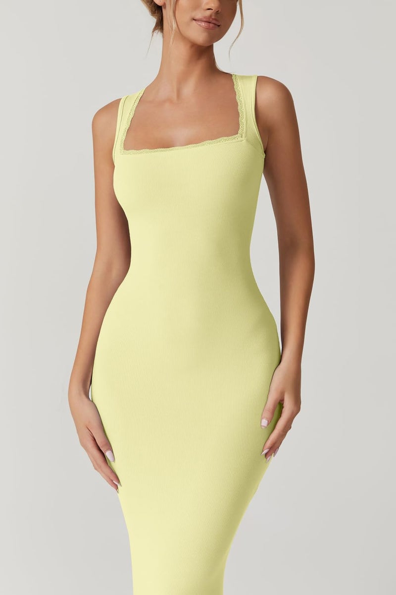 QINSEN Women's Square Neck with Lace Detail Long Maxi Dress Sleeveless Lounge Ribbed Full Length Bodycon Dresses Lemon Yellow S - Image 2