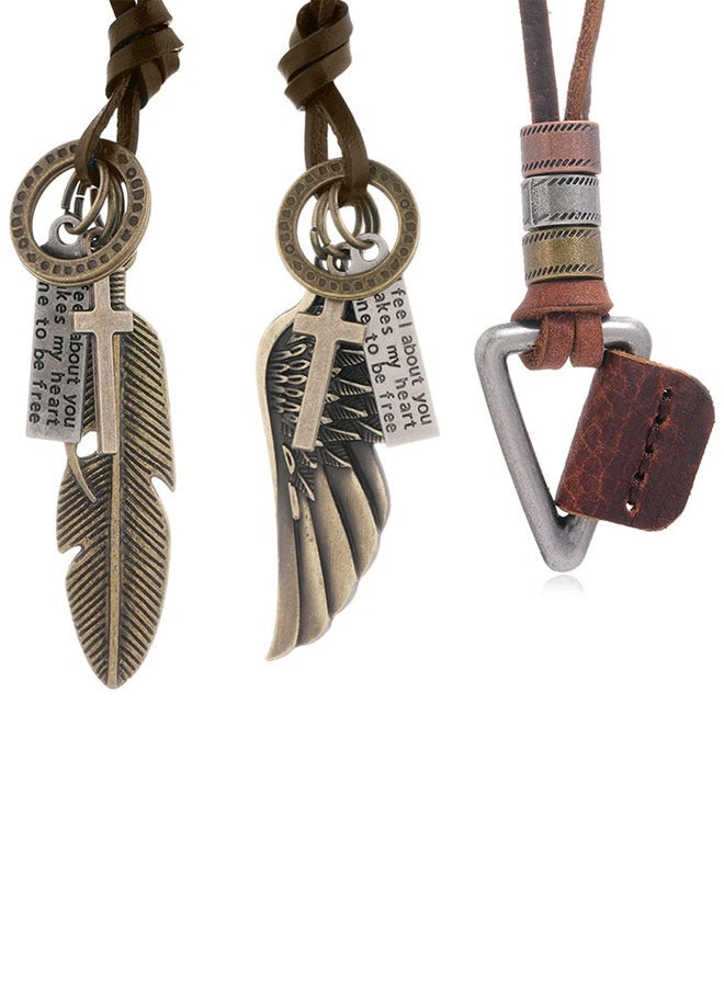 وهاواي 3 Pack Leather Necklace Retro Style Wing Feather Geometry Pendant Unisex Necklace for Mens Womens with Adjustable Leather Cord - Image 1