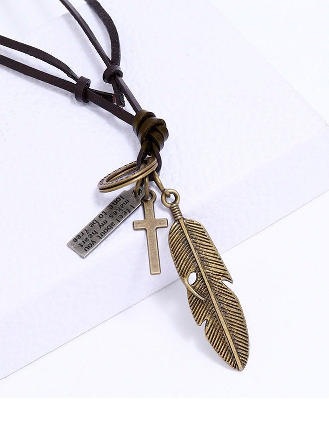 وهاواي 3 Pack Leather Necklace Retro Style Wing Feather Geometry Pendant Unisex Necklace for Mens Womens with Adjustable Leather Cord - Image 5