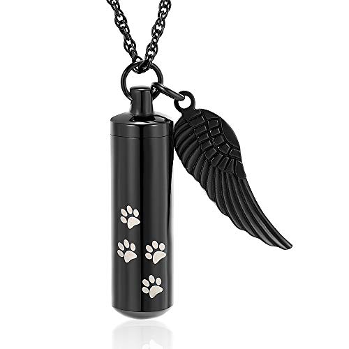 shajwo Cremation Jewelry Paw Print Urn Necklaces for Human Pet Ashes Cylinder Urn Pendant Keepsake Memorial Ash Locket Holder Necklace for Men Women,Black - Image 1