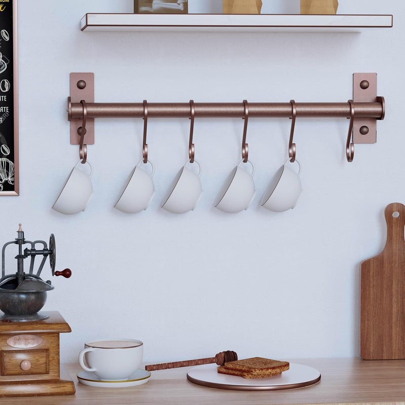Dseap Kitchen Utensil Holder Hanger, Pot and Pan Rack Wall Mounted, Kitchen Rail with 8 Hooks for Hanging Cooking Utensils, Mugs, Spoons, Wall Mounted, Antique Copper New - Image 4