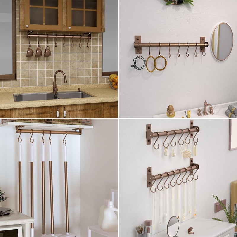 Dseap Kitchen Utensil Holder Hanger, Pot and Pan Rack Wall Mounted, Kitchen Rail with 8 Hooks for Hanging Cooking Utensils, Mugs, Spoons, Wall Mounted, Antique Copper New - Image 5