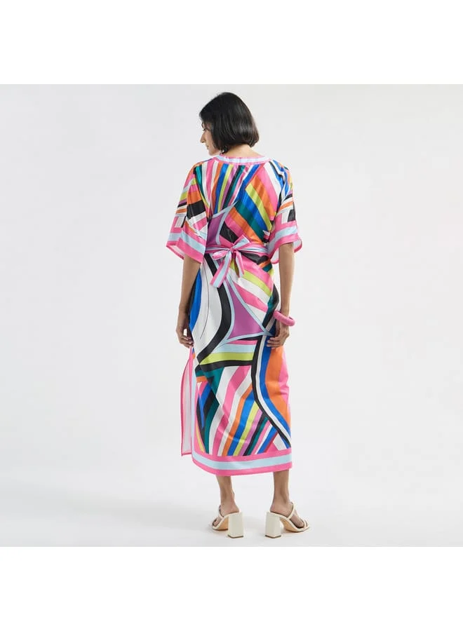 Splash FAV All-Over Print Round Neck Kaftan Dress with Tie-Up Belt and Slit Detail