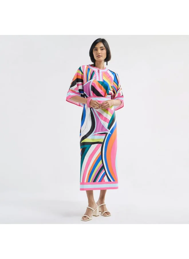 FAV All-Over Print Round Neck Kaftan Dress with Tie-Up Belt and Slit Detail