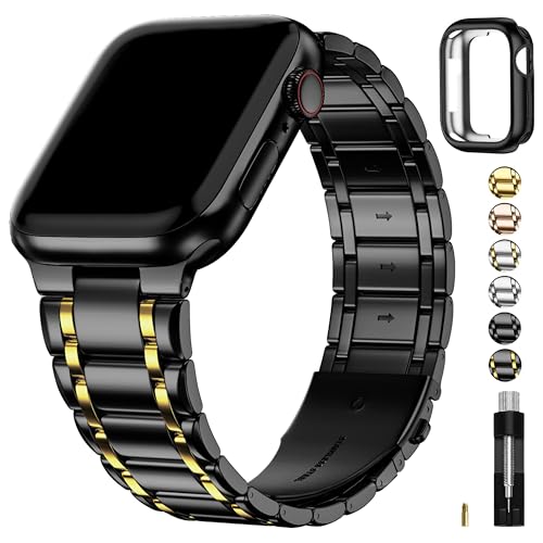 Fullmosa Metal Bands With Case [Watch NOT Included] Compatible Apple Watch Strap 41mm 40mm 38mm, Steel Apple Watch Band for iWatch SE3 SE2 SE Series 9 8 7 6 5 4 3 2 1,41mm 40mm 38mm,Black and Gold - Image 1