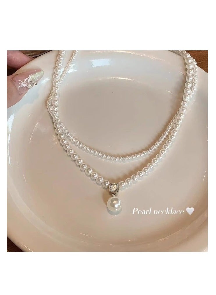Women Imitation  Pearl Necklace Double Chain Pearl Choker Necklace Pendant Clavicle Chain Suitable For Party Wedding Daily Wearing - Image 2