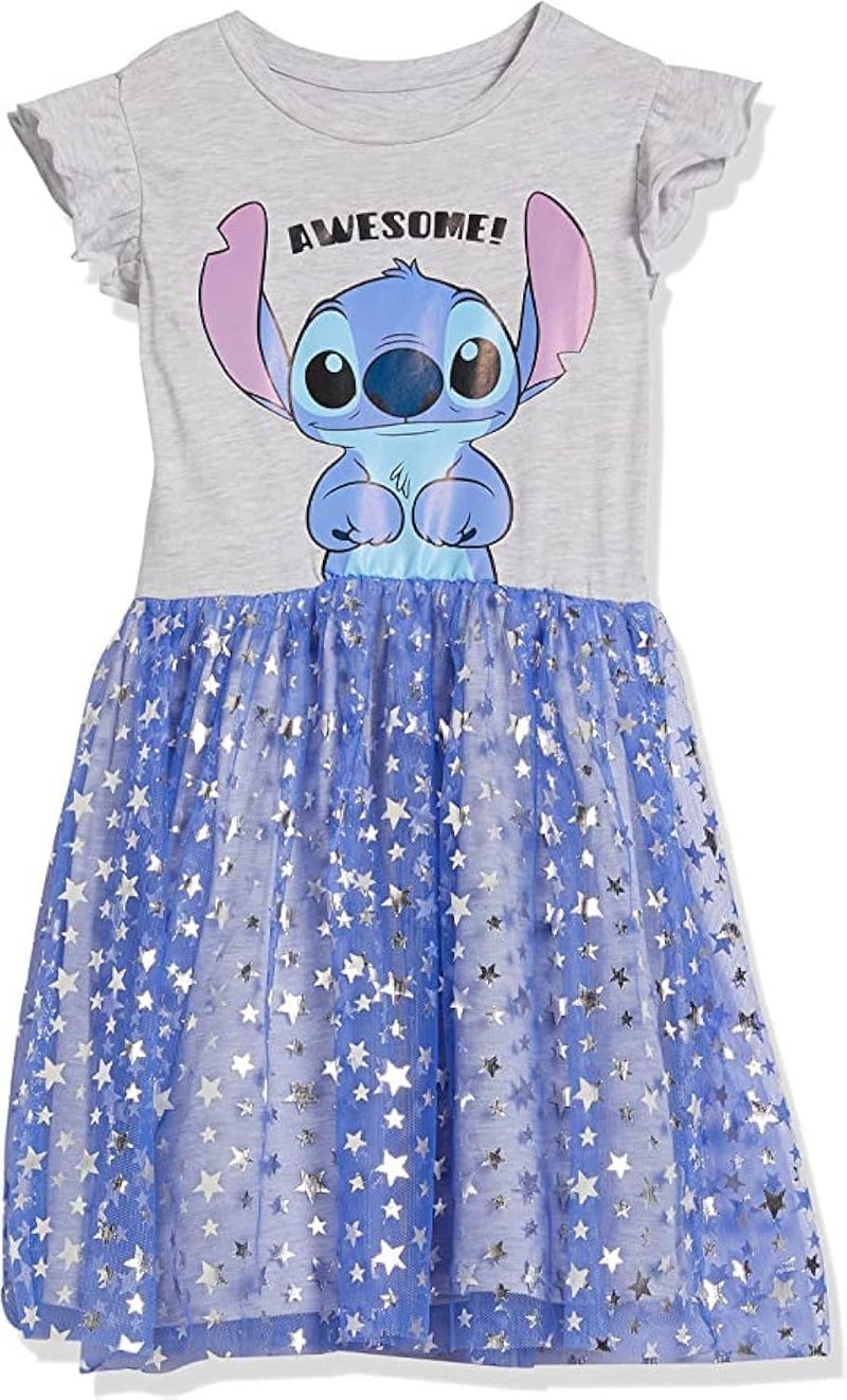 Disney Girls Stitch Ruffle Sleeve Tulle - Sizes 4-16 Playwear Dress, Heather/Blue, 7-8 US - Image 1