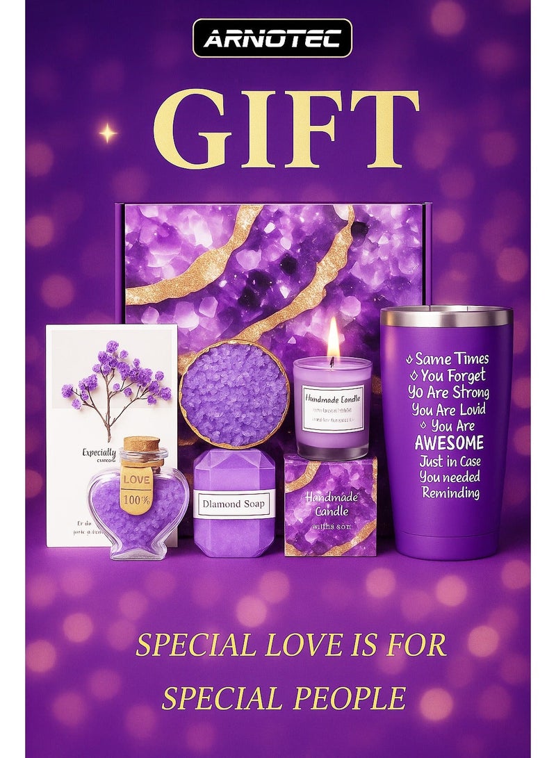 ARNOTEC طقم هدايا سبا للنساء، 7 قطع طقم هدايا استحمام مع صندوق هدايا، هدايا سبا للاعتناء بالنفس برائحة اللافندر، طقم هدايا سبا للاسترخاء، طقم هدايا سبا فاخر لعيد الميلاد للأم، الزوجة، الأخت، أفضل صديقة، هدايا للنساء - Image 1