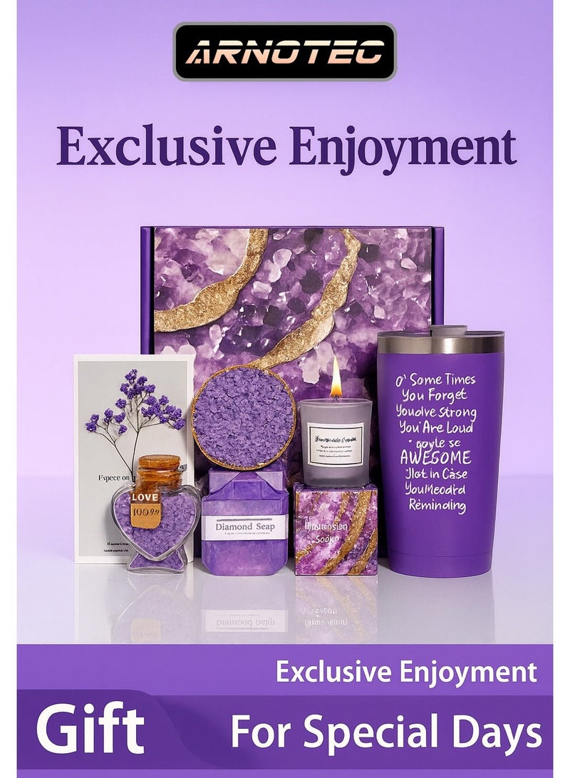 ARNOTEC طقم هدايا سبا للنساء، 7 قطع طقم هدايا استحمام مع صندوق هدايا، هدايا سبا للاعتناء بالنفس برائحة اللافندر، طقم هدايا سبا للاسترخاء، طقم هدايا سبا فاخر لعيد الميلاد للأم، الزوجة، الأخت، أفضل صديقة، هدايا للنساء - Image 2