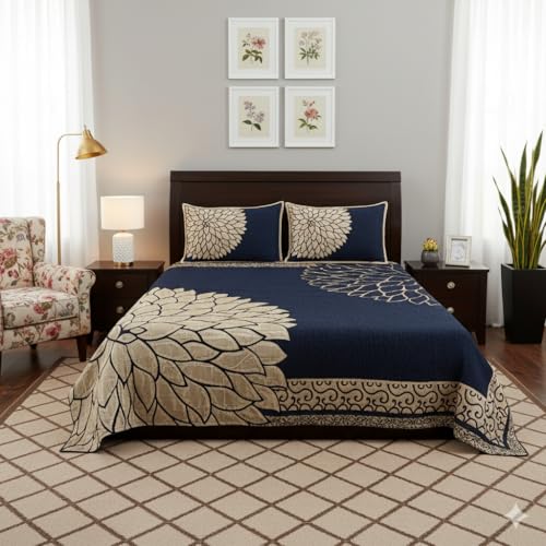 Fresh From Loom Chenille Velvet 500 TC Bedsheet (Blue_Full), 1 Double Bed King Size Bedsheet with 2 Pillow Cover, Size - 90x100 Inch - Image 1