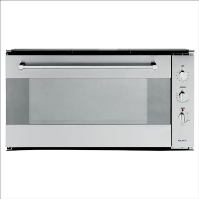 Built-in semi-electric gas oven for kitchen use, stainless steel, silver, 90cm width with electric grill, rotisserie, triple knob control, timer, electronic ignition, lamp and cooling fan - Image 2