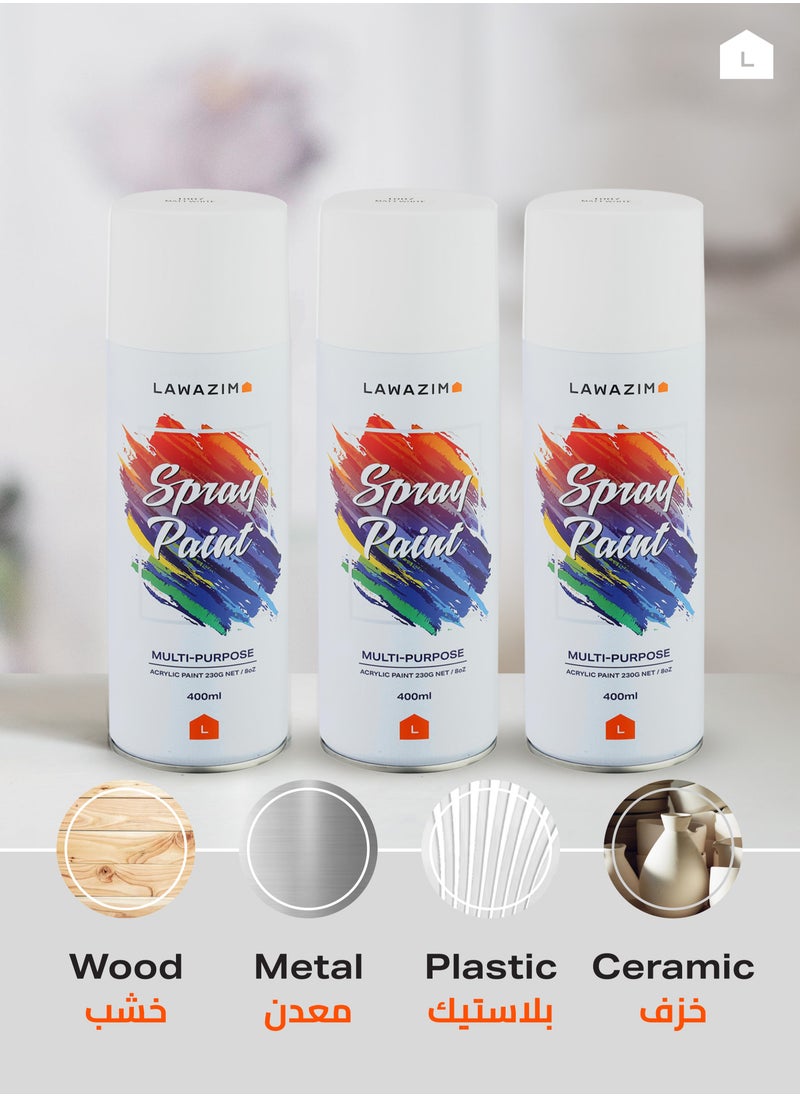 LAWAZIM Pack Of 3 Spray Paint Set - 1007 Matt White - Multi-Surface 400ml Paint with Quick-Drying Cans - Ideal for Wood, Plastic, Metal, Interior & Exterior Uses, DIY, Automotive, and Arts & Crafts  - Image 4