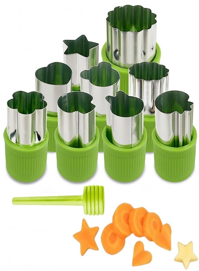 uvbws 9PCS Fruit and Vegetable Cutter Stamp - Love Heart, Star, Flower, Rabbit, Bear, Strawberry, Lace, Mushroom Shapes - Green Mini Pie Cookie Biscuit Mold for Baking - Image 1