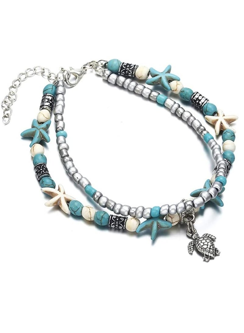 أوزيغالور سوار خلخال سحر نجم البحر الأزرق، خرز متعدد الطبقات، مجوهرات بوهو للقدمين للنساء - Image 1