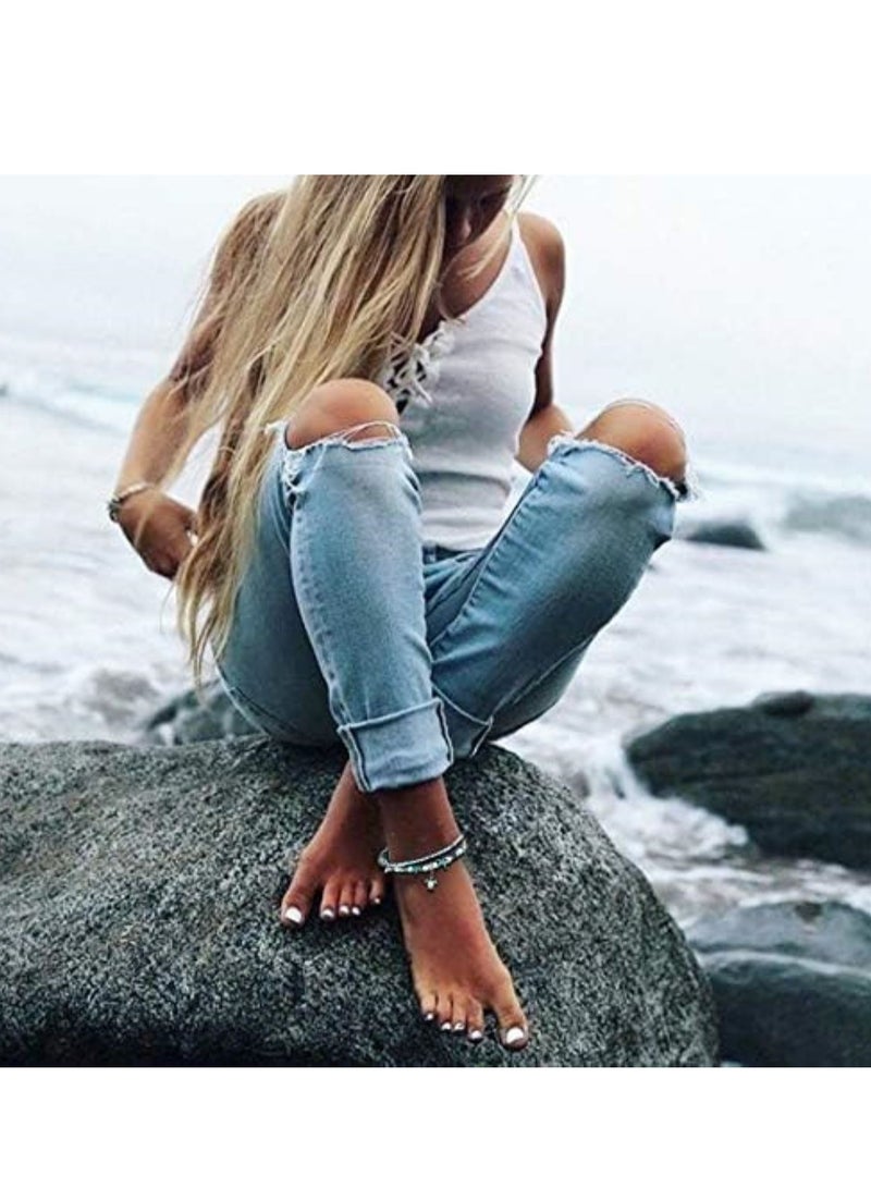 أوزيغالور سوار خلخال سحر نجم البحر الأزرق، خرز متعدد الطبقات، مجوهرات بوهو للقدمين للنساء - Image 2