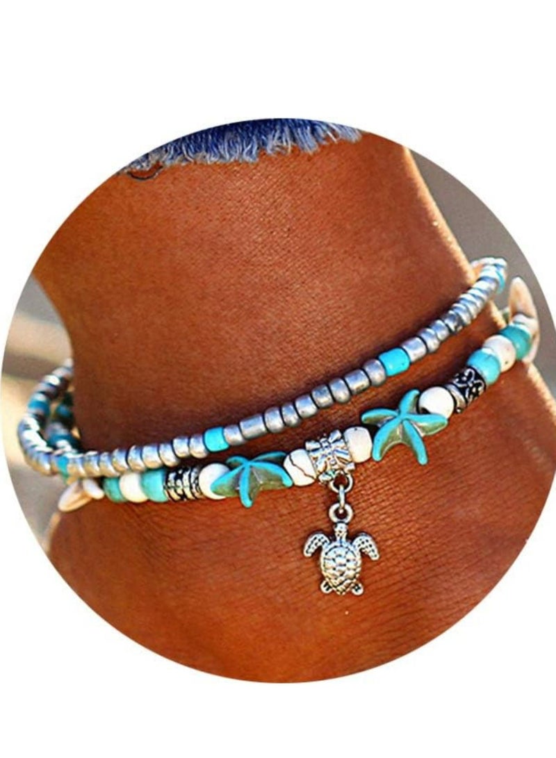 أوزيغالور سوار خلخال سحر نجم البحر الأزرق، خرز متعدد الطبقات، مجوهرات بوهو للقدمين للنساء - Image 3