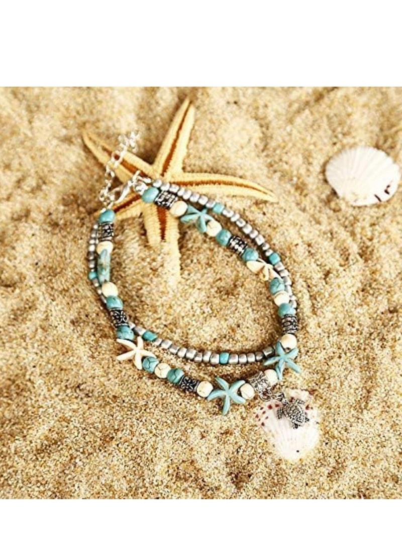 أوزيغالور سوار خلخال سحر نجم البحر الأزرق، خرز متعدد الطبقات، مجوهرات بوهو للقدمين للنساء - Image 4