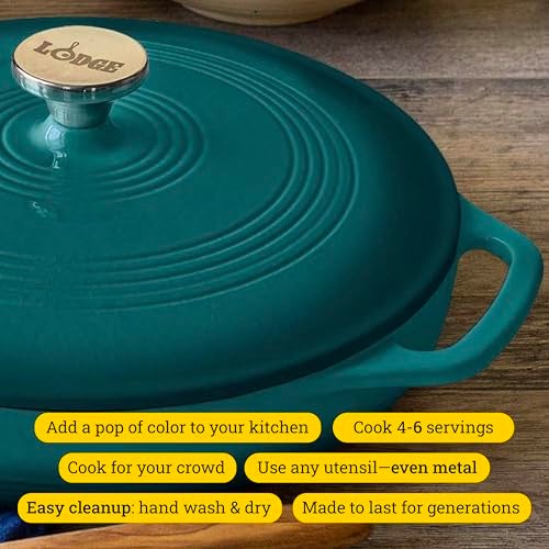 Lodge 3.6 Quart Enameled Cast Iron Covered Casserole with Lid – Dual Handles – Oven Safe up to 500° F or on Stovetop - Use to Marinate, Cook, Bake, Refrigerate and Serve – Lagoon - Image 2