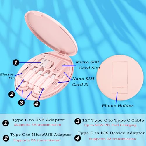 Azvegr Multi USB Charging Adapter Cable Kit, USB C to iOS Device Adapter Box, Conversion Set A & Type C to Male Micro/Type C/iOS Device, Data Transfer, Card Storage, Tray Eject Pin, Phone Holder (Pink) - Image 3