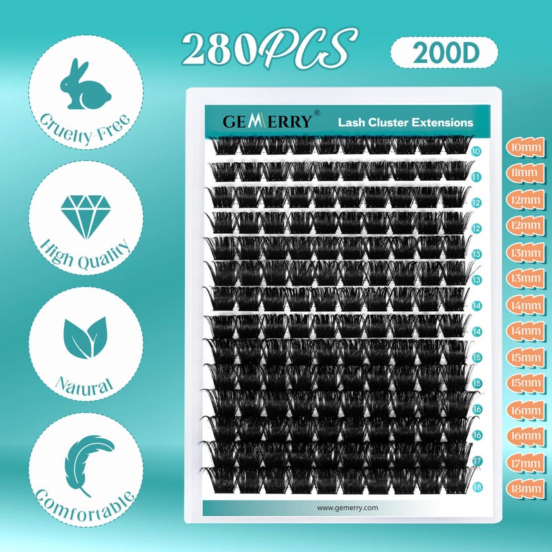 GEMERRY DIY Lash Extension Kit for Beginners 280 PCS Individual Lash Clusters Kit 0.07D 10-18 MIX Eyelash Extension Kit Lash Glue for Eyelash Extensions(200D-0.07D,10-18MIX-KIT) - Image 2