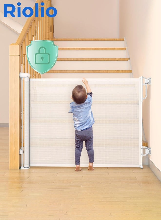 Riolio Retractable Baby Gate, Mesh Safety Gate for Babies and Pets, Extra Wide Safety Baby Gate 34" Tall & 59" Wide, Pet Dog Gate for doorways, Stairs, Indoor/Outdoor (1.5M white") - Image 1