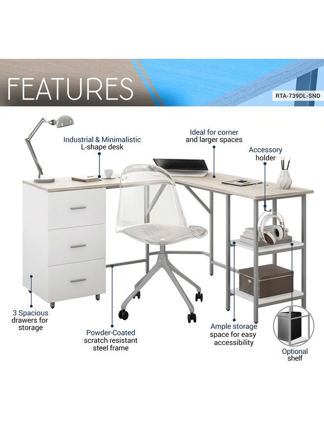 Techni Mobili L Shaped Desk - Two-Toned Computer Desk with Drawers & Storage Shelves - Simple Modern Furniture & Home Office Space Corner Table for Work & Writing - Image 3