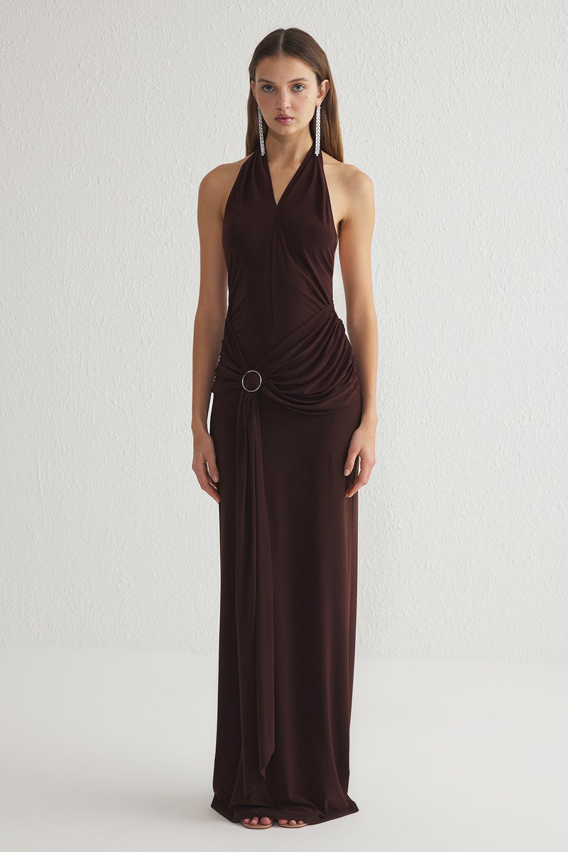 trendyol Brown Accessory Detailed Knitted Long Stylish Evening Dress Night Graduation Dress - Image 5