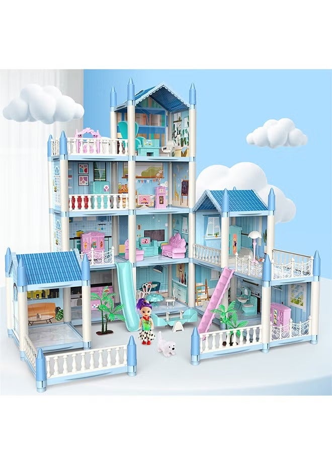 Dollhouse，4 Floors Huge Dollhouse Play Set with 11 Rooms 2 doll 2 Color Light Strips with Lights to Assemble Kitchen, Bedroom, Furniture, Garden,Pets DIY Pretend Play Doll House for Girls (Blue)  - Image 5