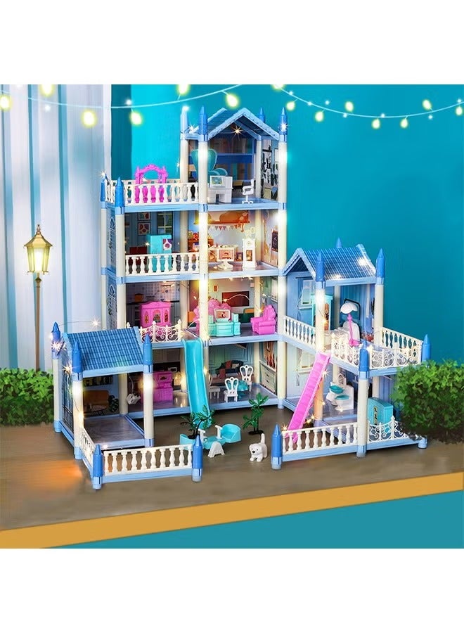 Dollhouse，4 Floors Huge Dollhouse Play Set with 11 Rooms 2 doll 2 Color Light Strips with Lights to Assemble Kitchen, Bedroom, Furniture, Garden,Pets DIY Pretend Play Doll House for Girls (Blue)  - Image 1
