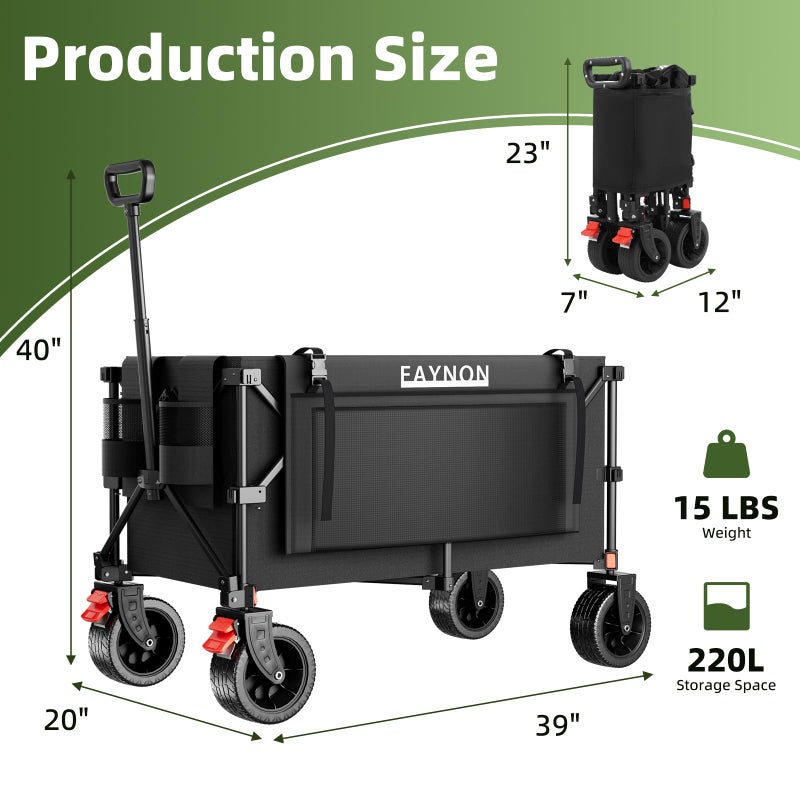 EAYNON 38" L Heavy Duty Collapsible Wagon, 440lbs Load & 220L Capacity Folding Utility Cart with Side Storage Pockets, 15lbs Lightweight Rolling Hauler for Sports, Grocery, Beach Black - Image 2