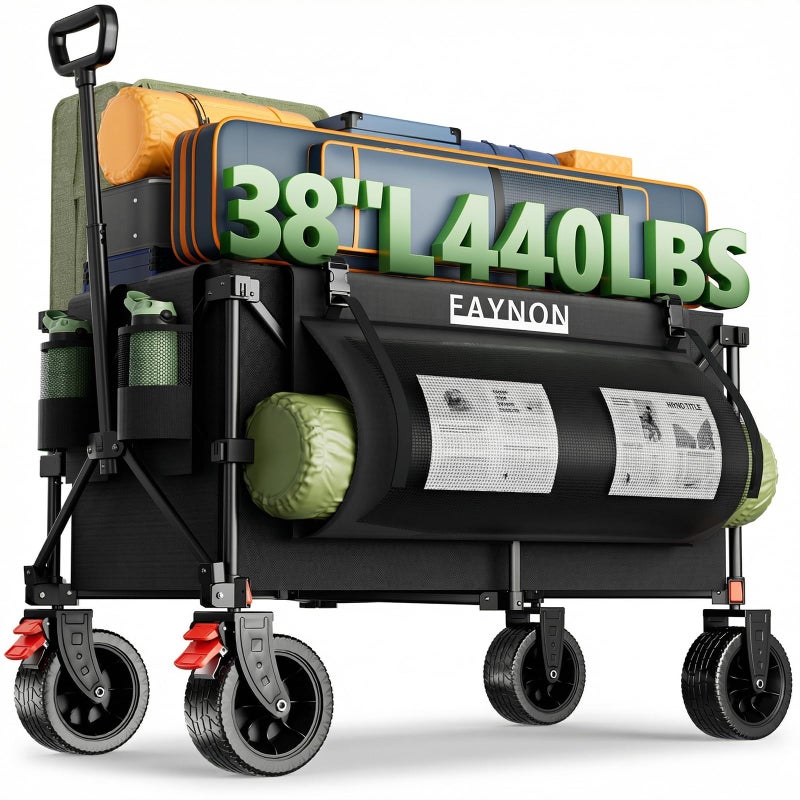 EAYNON 38" L Heavy Duty Collapsible Wagon, 440lbs Load & 220L Capacity Folding Utility Cart with Side Storage Pockets, 15lbs Lightweight Rolling Hauler for Sports, Grocery, Beach Black - Image 1