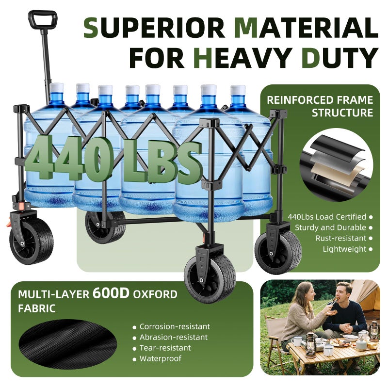 EAYNON 38" L Heavy Duty Collapsible Wagon, 440lbs Load & 220L Capacity Folding Utility Cart with Side Storage Pockets, 15lbs Lightweight Rolling Hauler for Sports, Grocery, Beach Black - Image 3