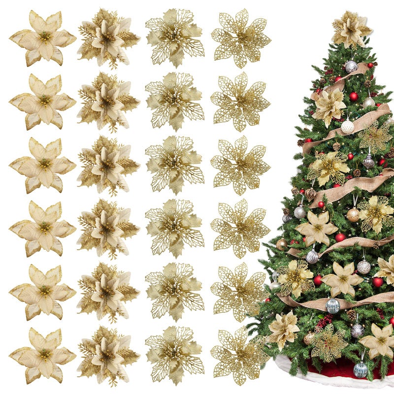 Whaline 24Pcs Christmas Poinsettia with 24Pcs Clips 4 Design Glitter Gold Artificial Flower Winter Party Supplies for Xmas Tree Ornament Wedding Birthday Wreath Decoration