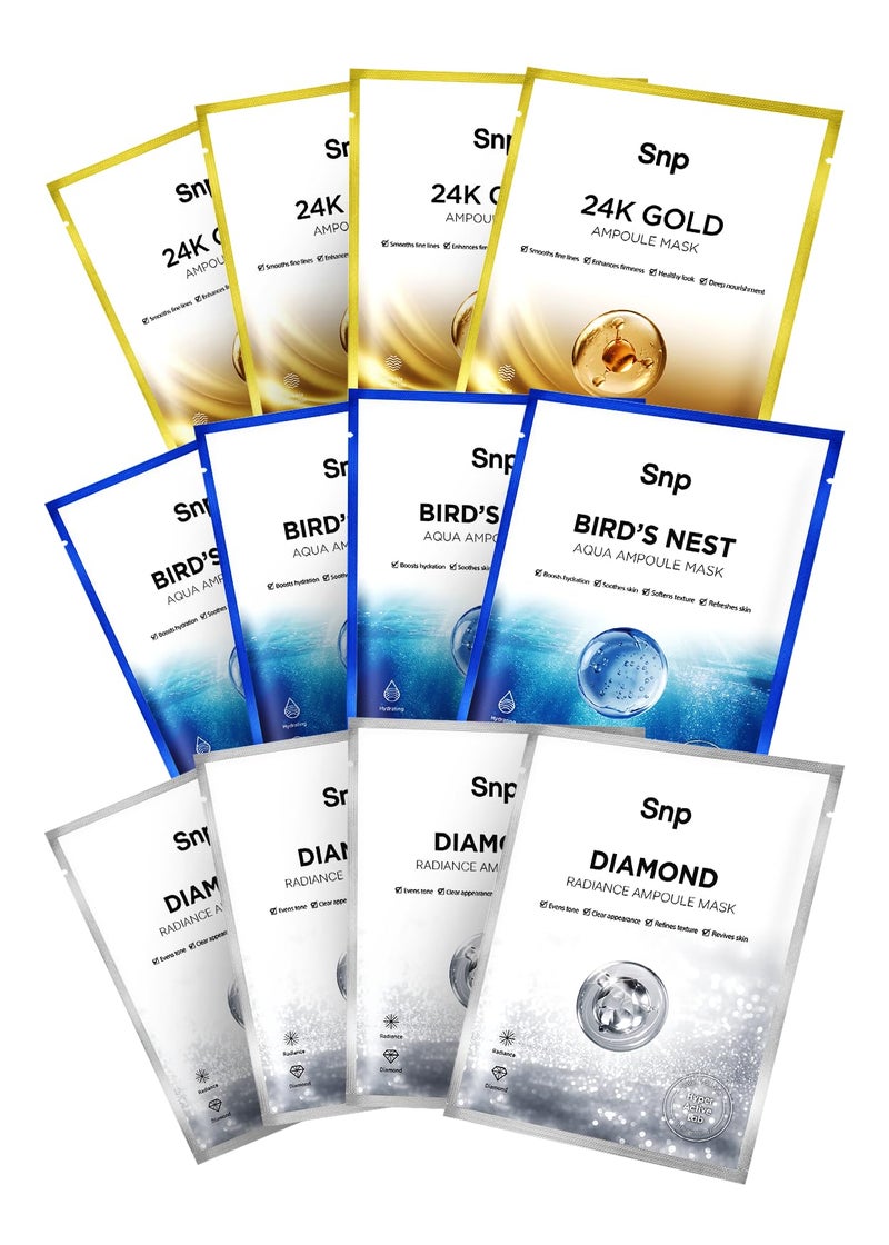 SNP Variety Ampoule Sheet Mask Set | Bird's Nest, 24K Gold, and Diamond Face Mask | Hydrating, Moisturizing, Nourishing for Sensitive Facial Skin | Korean Face Masks Skincare | 12 Sheets - Image 1