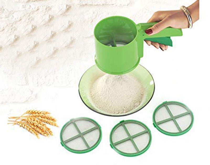 HUBTURE 3 in One Flour Sifter Heavy Body with SS 3 Sleves 304 Stainless Steel Mesh Unbreakable ABS Plastic Heavy Body Easy to Make Flour for Puri Roti Bhakri Green - Image 1