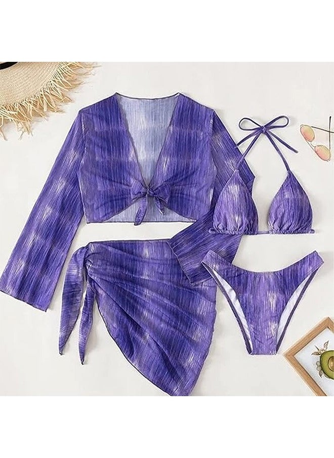 MARGOUN Medium Size Women's 4-piece swimsuits Breathable Stylish Halter Neck Bra Polyester Wrap Skirt V Neck Swimsuit Long Sleeves Purple / M (Bust 73-77/Waist 68-72/Hip 94-98)  - Image 3