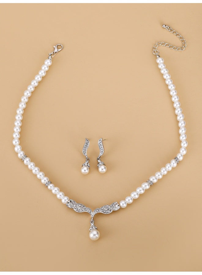 NIBEMINENT Korean Elegant Angel Wings Pearl Necklace Bridal Set